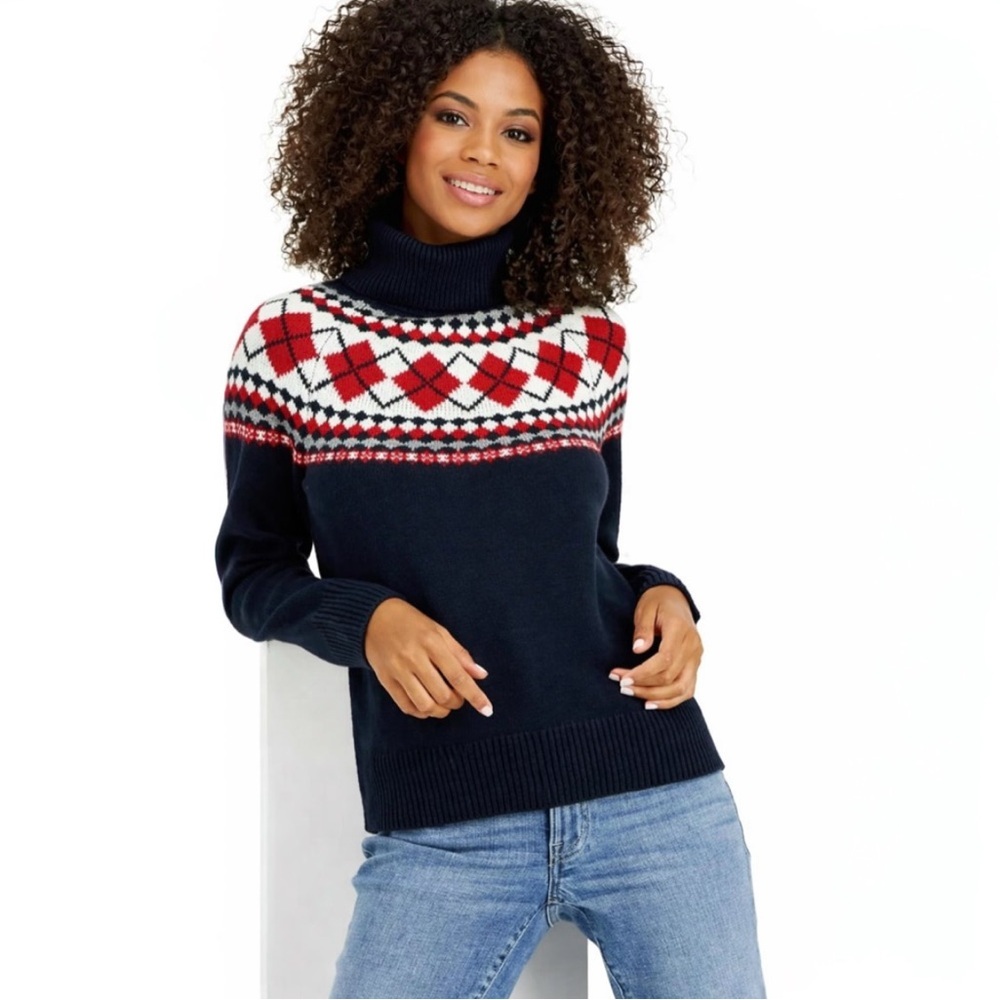 Tommy Hilfiger Womens Fair Isle Turtleneck Sweater Navy Red White Size L Preppy